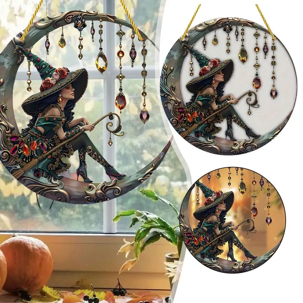 Personalized Witch Moon Sun-catcher Window Hanging Ornament Custom Cat Witch Acrylic Suncatcher For Halloween Decor Home Car Cra