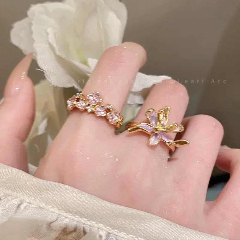 French Style Iris Drop Glazed Ring Elegant Open Adjustable Rings Light Luxury Bauhinia Flower Shape Girls Temperament Jewelry