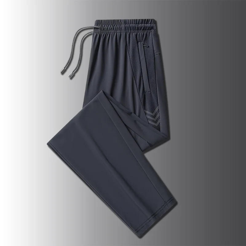 Calça esportiva casual de seda gelo masculina, Fina, Zíper, Secagem rápida, Legging longa respirável, Plus, verão