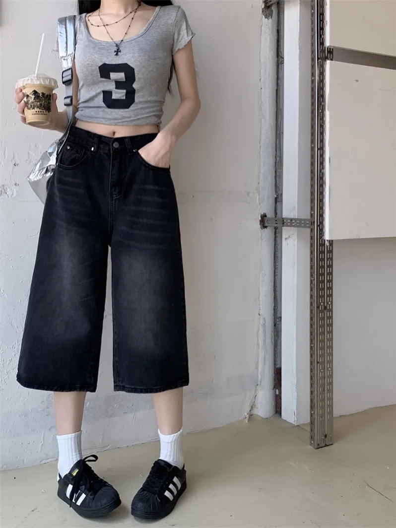 MiiiiX Casual Style High-waisted Wide-leg Jeans Women's 2024 Summer Three-quarter Denim Shorts Black Washed Loose Straight Pants