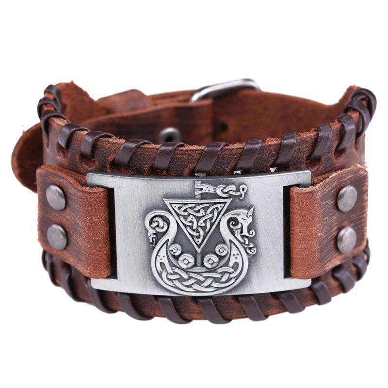 Trendy Nordic Odin Triangle Pirate Ship Bracelet Viking Men's Bracelet Fashion Leather Woven Accessories Party Jewelry Wholesale