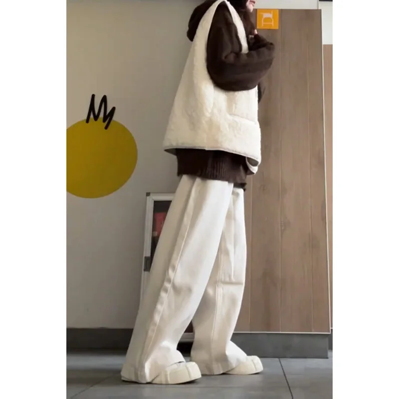 화이트 하이웨이스트 와이드 레그 진 여성용 가을 겨울 루즈 스트레이트 캐주얼 다용도 롱 팬츠 여성용 청바지