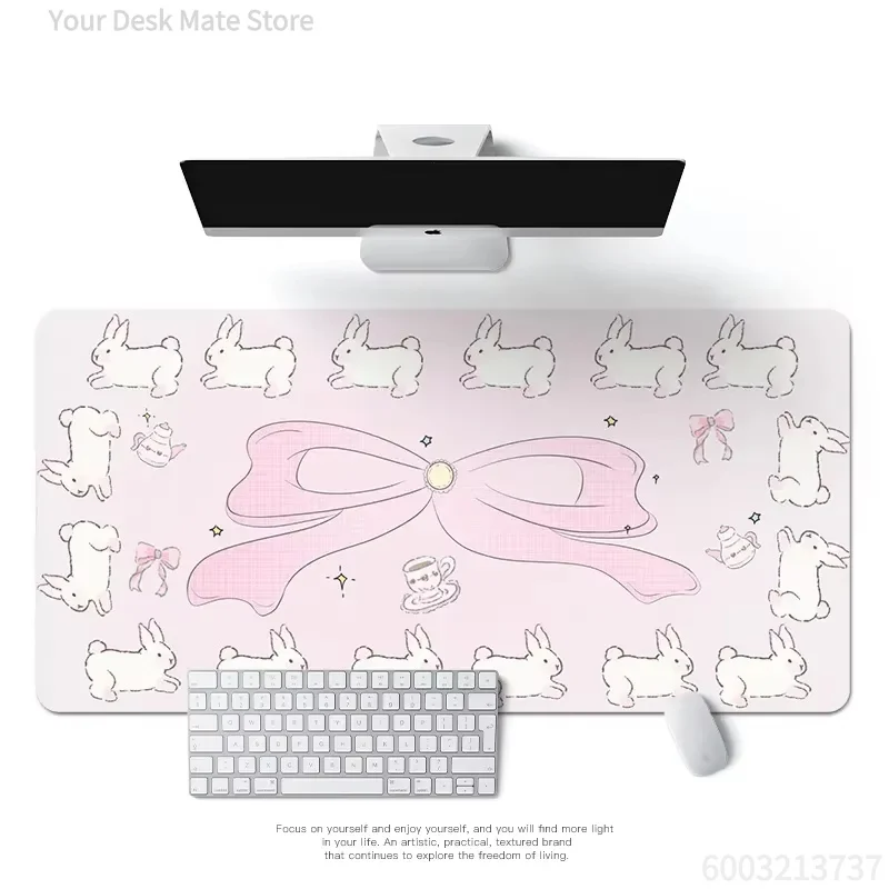Soft Cute Kitten & Bow Accent Sleep Bear Gaming Mouse Mat Waterproof Non-Slip Pale Tone Office Desk Pad