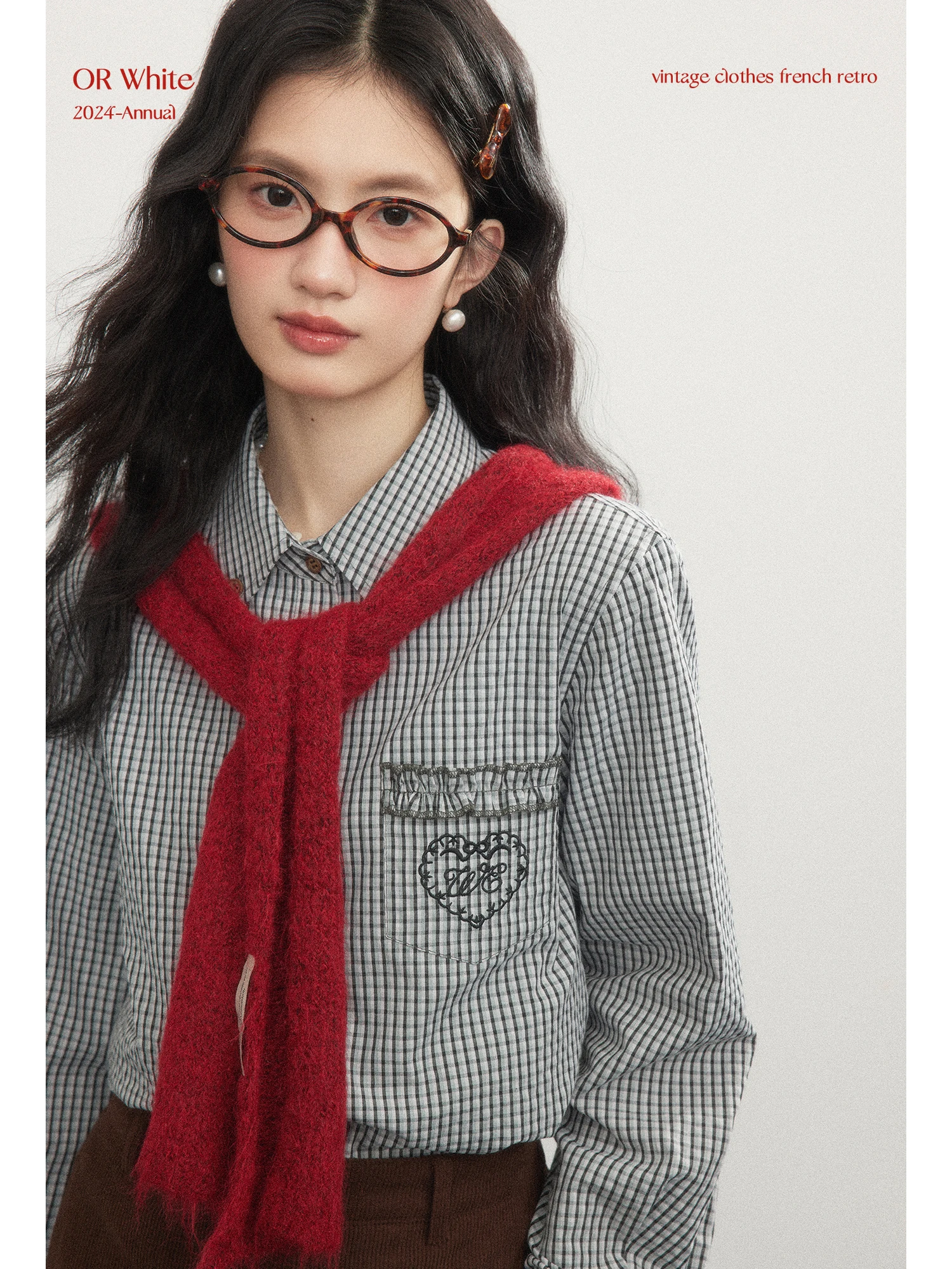 

Women's Plaid irt Embroidered Letter Lace Contrast Color Inner Wear Versatile Winter Cotton Blend Button up Retro Sle