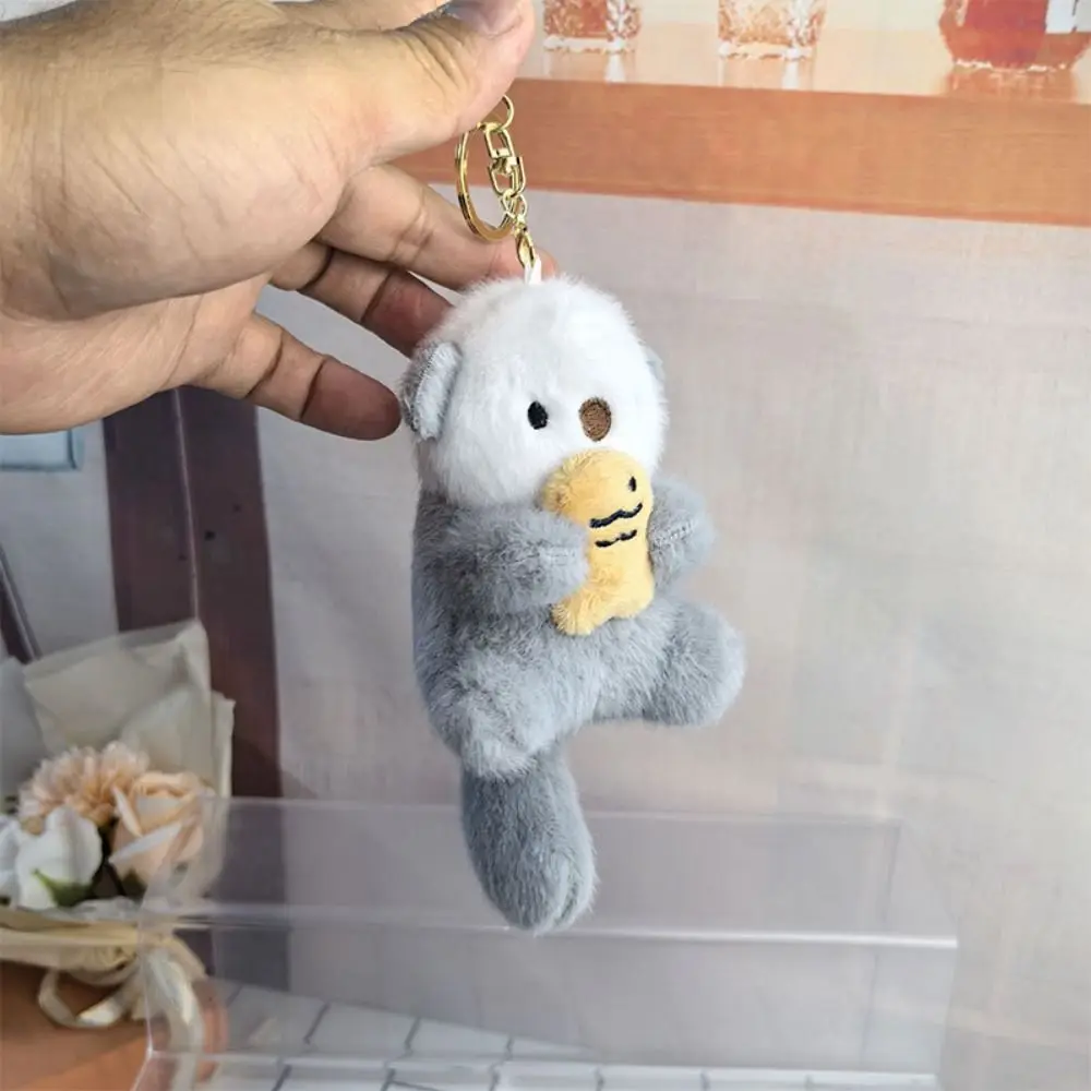 Decorations Holding Fish Cartoon Otter Keychain Fluffy Soft Plush Otter Bag Pendant Creative Stuffed Otter Plush Keyring Unisex