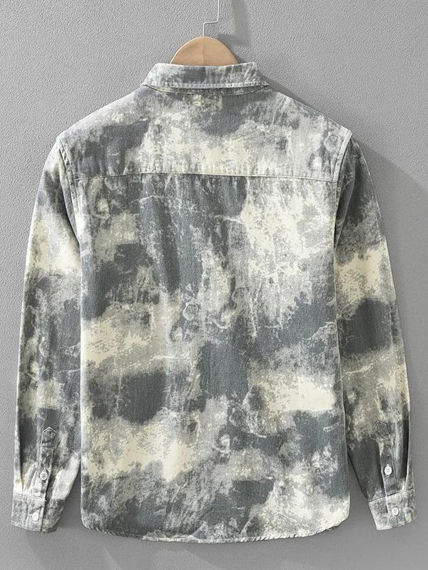 Casual Long Sleeve Men's Shirt Spring Loose Fit Hong Kong Style Printed Fashion Design Collared Outerwear Trendy Urban Wear