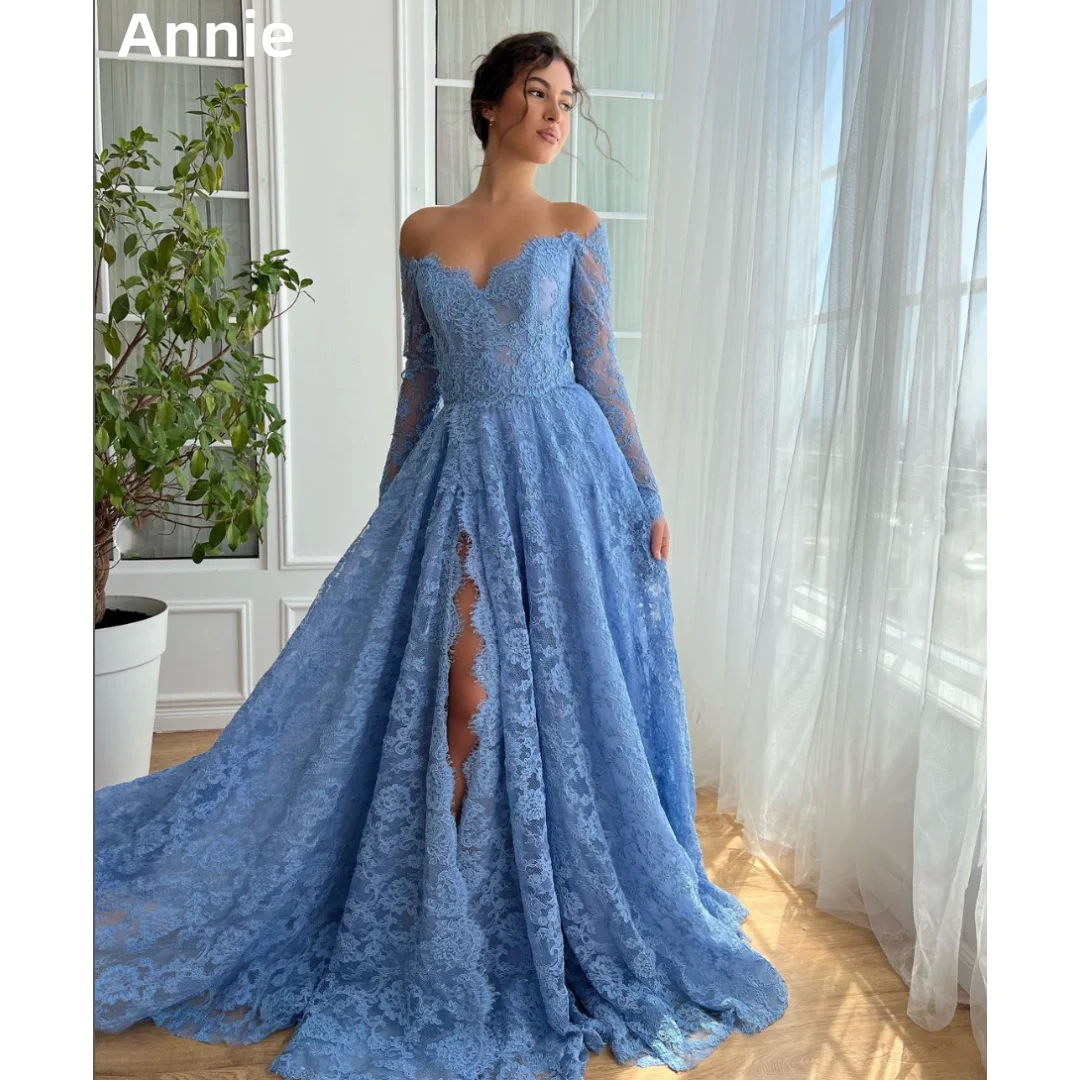 Annie elegante Dame Brautkleid Luxus Spitze Langarm Ballkleider a-Form schulter freie Seitens ch litze maßge schneiderte Anlass kleider