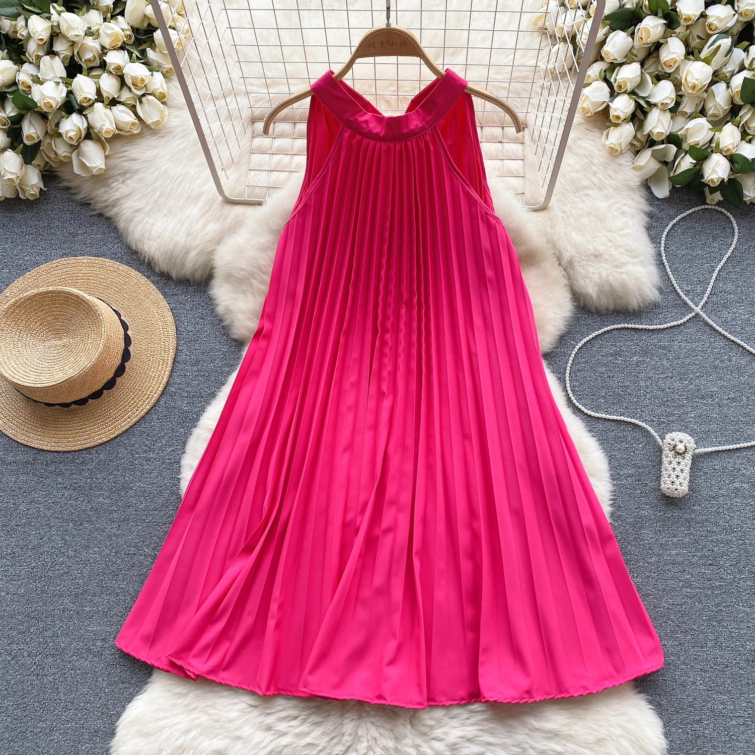 Chic Solid Pleated Bow Slip Dress Elegant  Halter Dress Beach Casual Vacation Sleeveless A-line Vestidos Summer Women