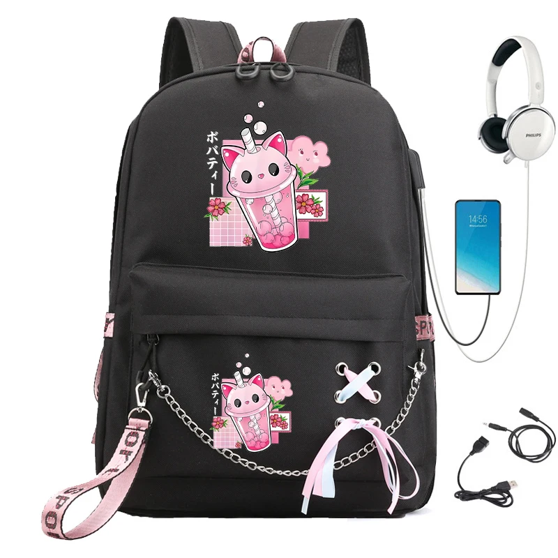 Sweet Cute Nylon Backpack for Women Classic Causal Designer Girl Backpack Bag Boba Milk Cartoon Fashion School Bag for Girl