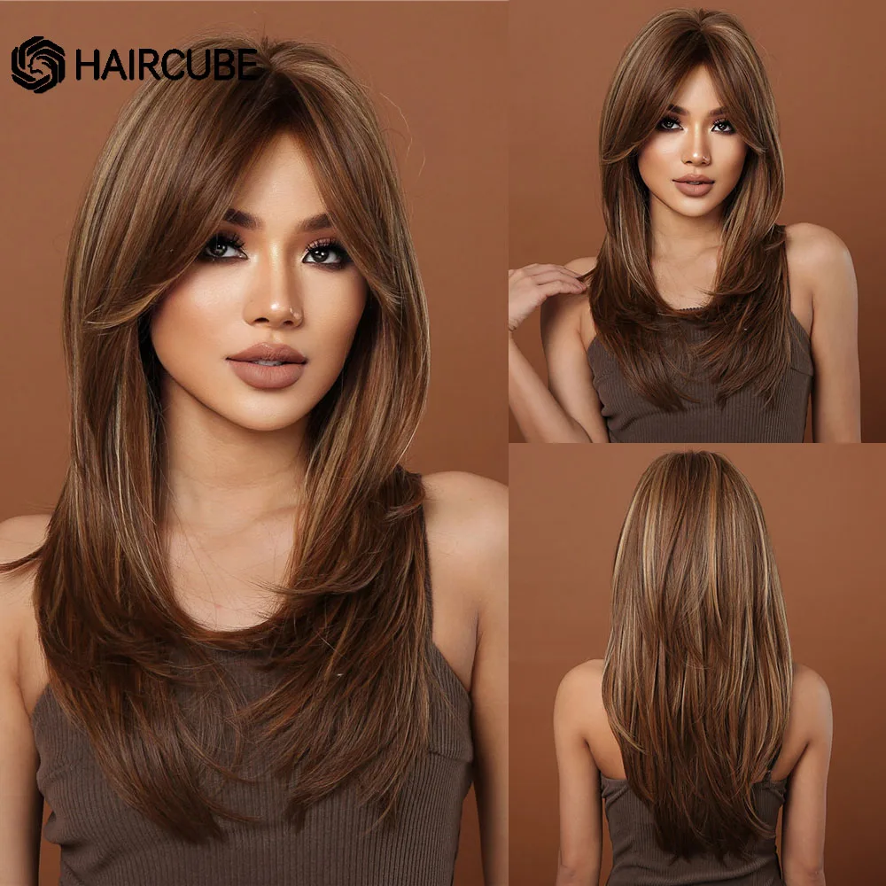 HAIRCUBE Long Straight Synthetic Wigs Chestnut Brown Mixed Blonde Wigs With Bangs Natural Layered Heat Resistant Cosplay Hair