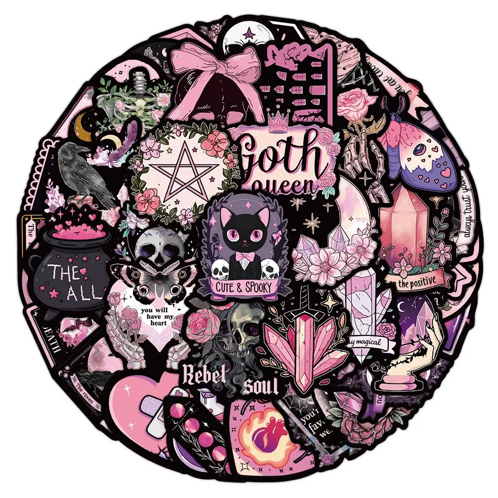 10/50pcs Dark Pink Halloween Gothic Skull Stickers Tarot Goth Decals Toy Skateboard Motorcycle Cool Horror Decoration Sticker