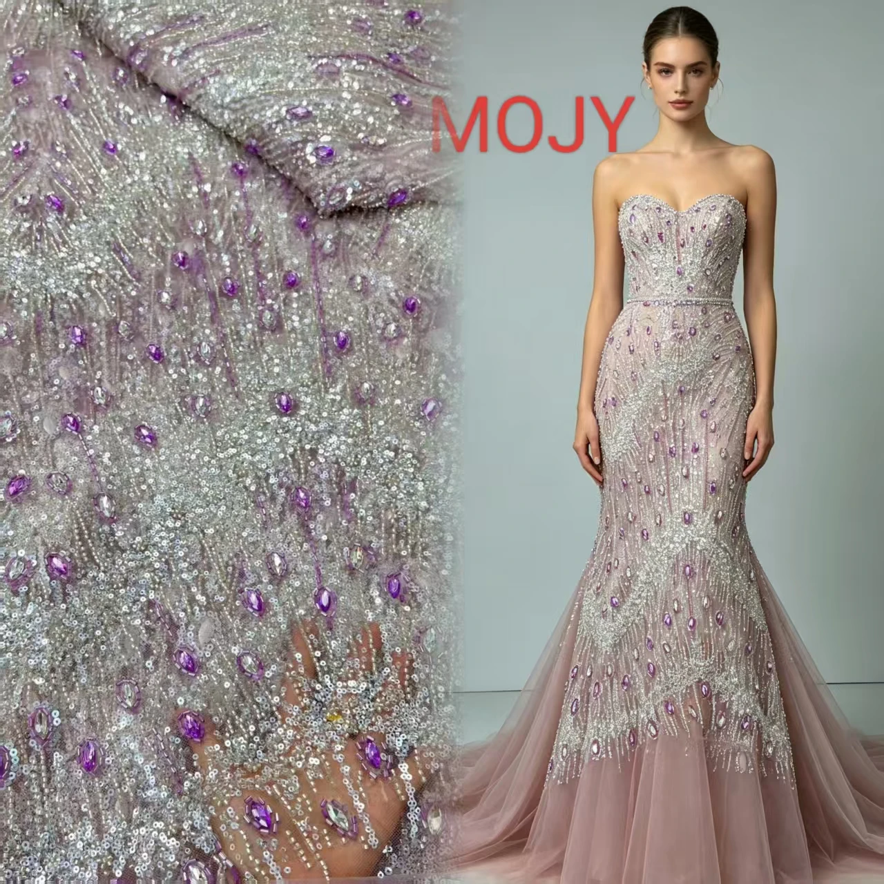 Tela de Tul con Encaje, Pedrería Morada, Lentejuelas Plateadas, Bordado de Plumas de Pavo Real, Material de Lujo para Vestidos de Novia, Noche y Gala
