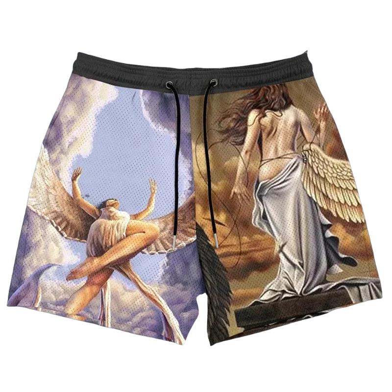 

Workout Gym Shorts Cherub Christian Cross Print Quick Dry Breathable Loose Shorts Pockets Athletic Fitness Running Jogging Moto