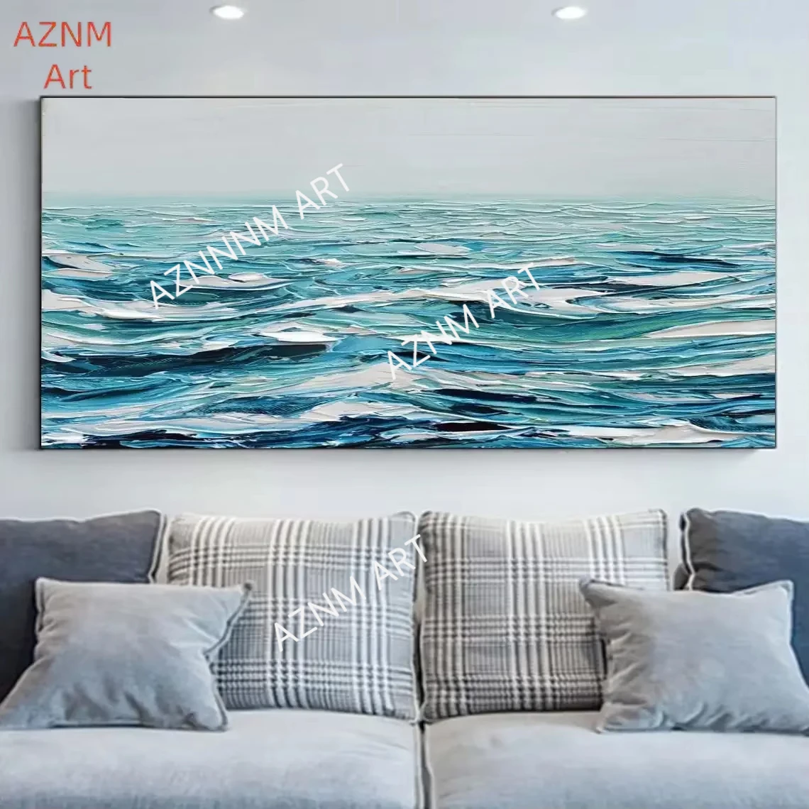 1PC, Blau Ozean Leinwand Malerei Wand Kunst Textur Wand Dekoration Meerblick Malerei Mode Zimmer Natürliche Ton Dekoration