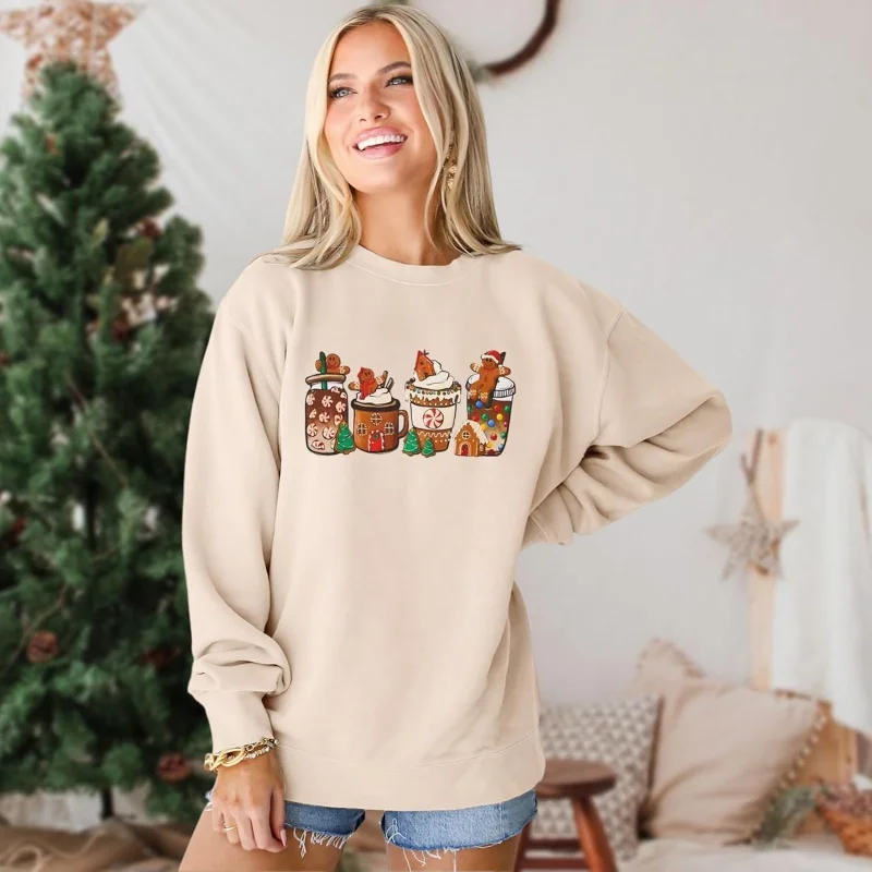 Christmas women's sportswear round neck gingerbread long sleeved shirt