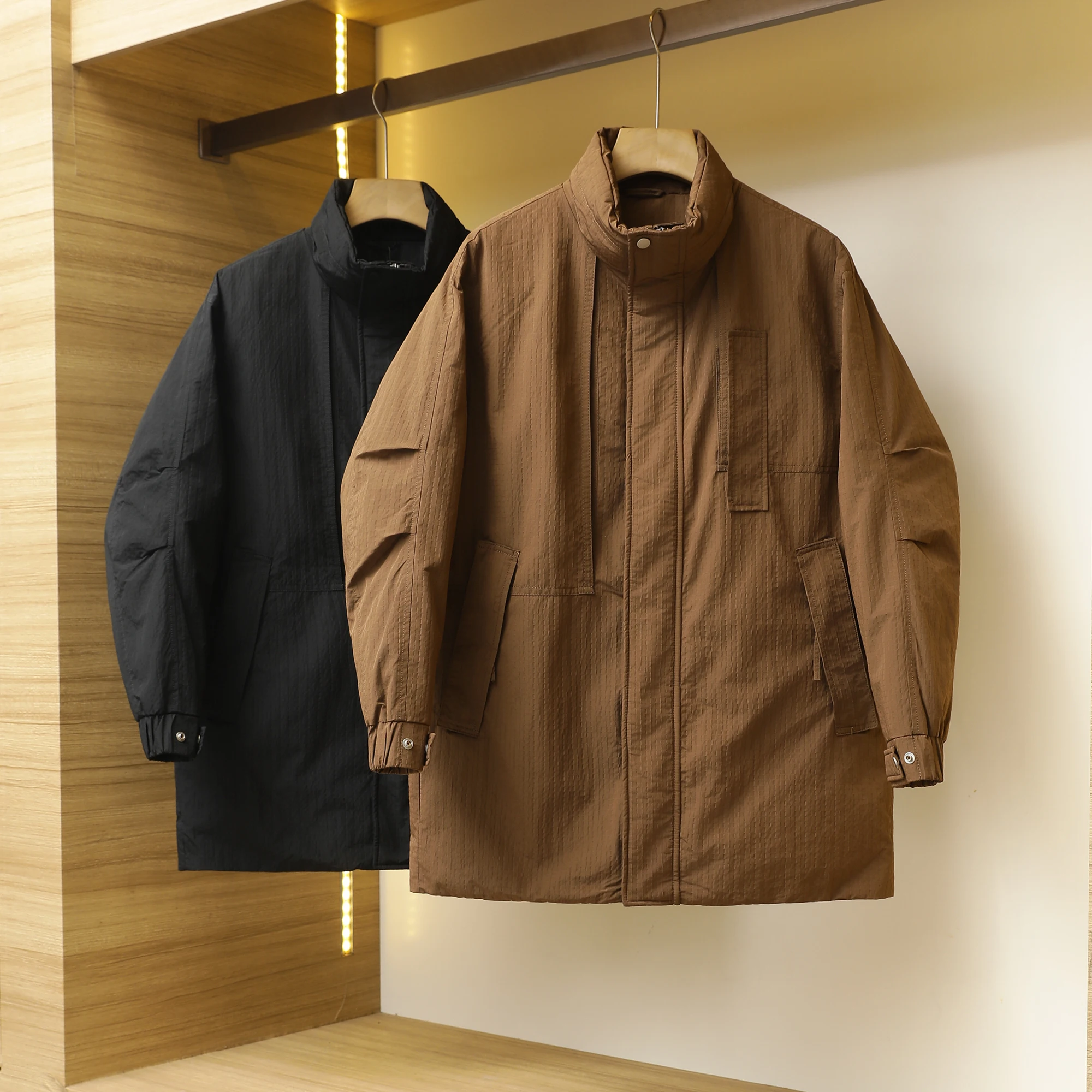 

Men's Winter Warm High-End aphene Du down Coat Mid-Length Stand Collar Tartan Texture Faionable Urban Sle Polyester F...