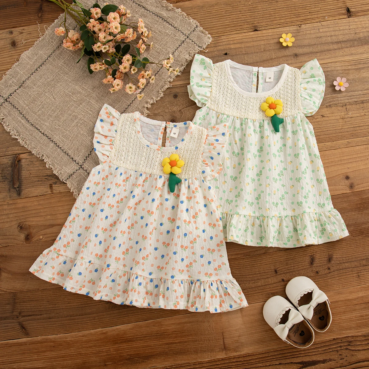

Baby Dresses Summer Cotton Full Print Small Fly Sleeves Girl Dresses Sweet And Casual Beach Baby Girl Clothing