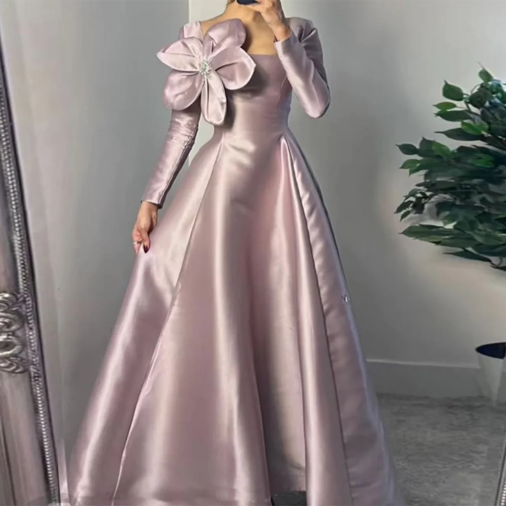 Customized A-Line Prom Dresses Ankle-Length Square Collar Full Sleeve Evening Gown Simple Fashion Beading Flowers Party Dresses