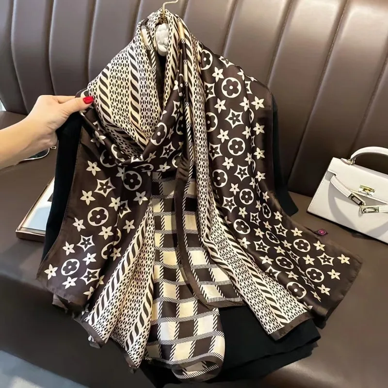 

French Design L Silk Scarf Women's Long Satin Spinning Shawl High-end Light Luxury Ins Style Versatile Professional Wear