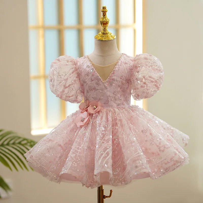 

Toddler Girls Sparkling Sequin Beading Princess Ball Gown Children Cute Pink Birthday Party Evening Boutique Dresses y811