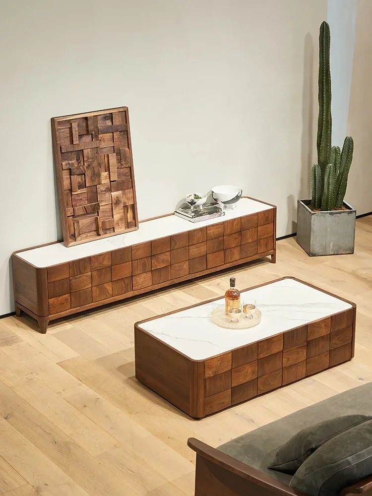 Stone Plate Coffee Table Living Room Home Solid Wood Sofa Table Light Luxury Log Low Table