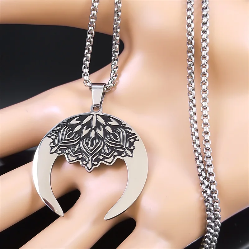 Aesthetic Crescent Moon Lotus Flower Mandala Necklace for Women Men Stainless Steel Goth Witch Chain Jewelry collier N9604S02