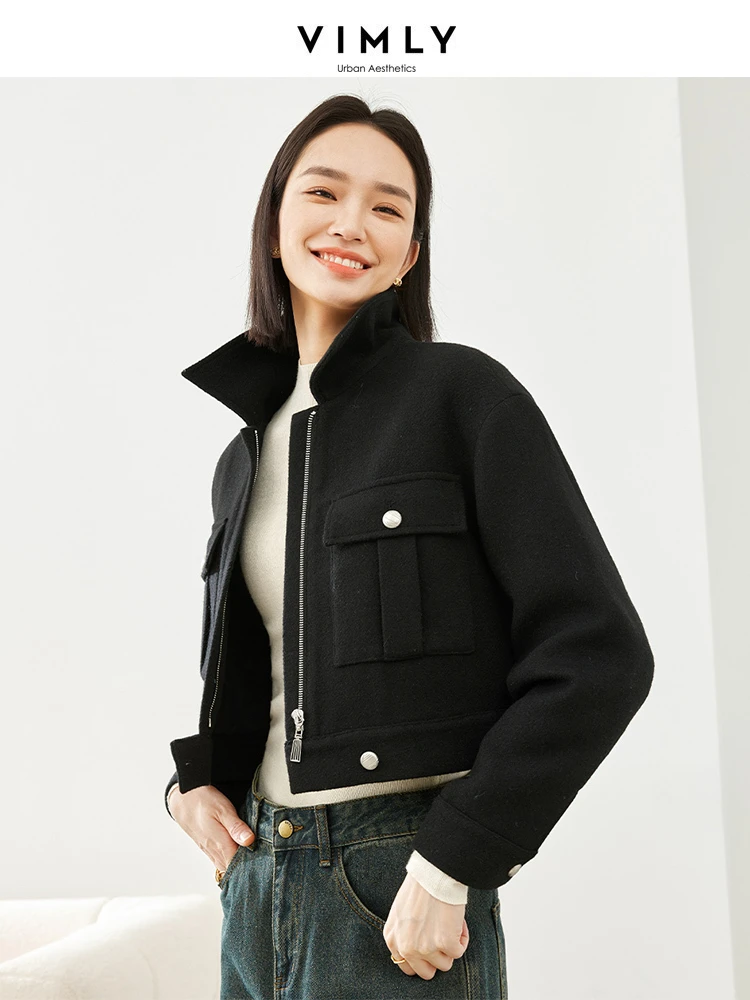 Vimly Wool Blend Cropped Jacket Lapel Zipper Long Sleeve Quilted Short Coat 2023 Winter Warm Thick Office Ladies Outerwear M5300