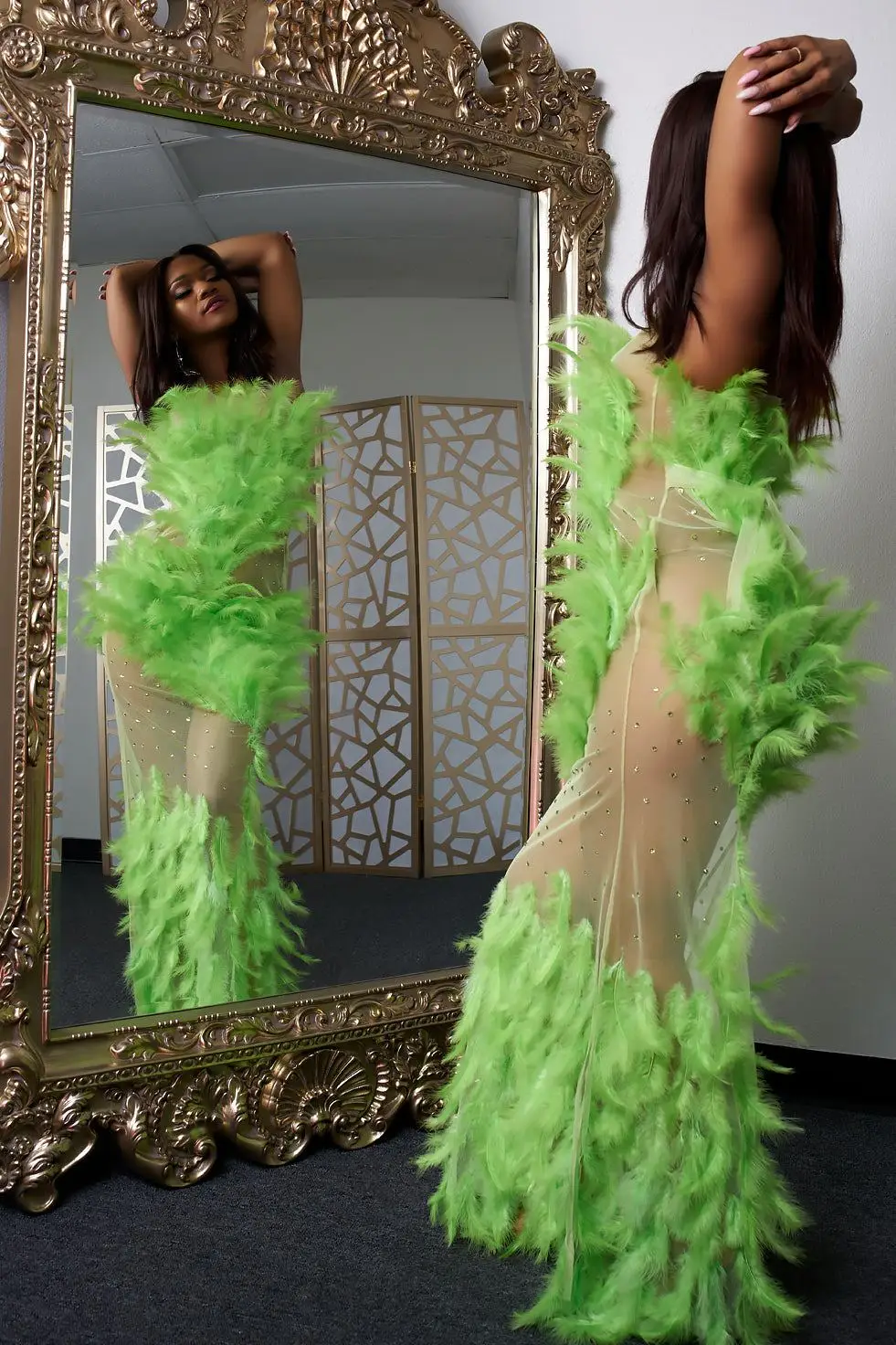 Flourish Green Feather Mesh Dress