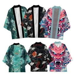 Japanese Traditional Samurai Kimono Men Women Anime Dragon Printed Green Loose Cardigan 3/4 Sleeve Harajuku Haori Coaplay Shirt