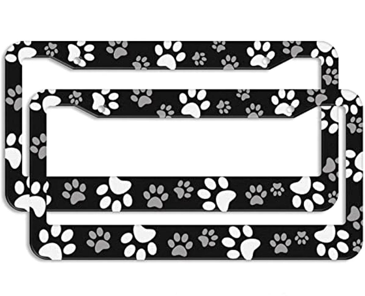 

Paw Print License Plate Frame 2 Pcs Personalized Black White Dog Paw Design License Plate Covers Aluminum Car Tag Holder