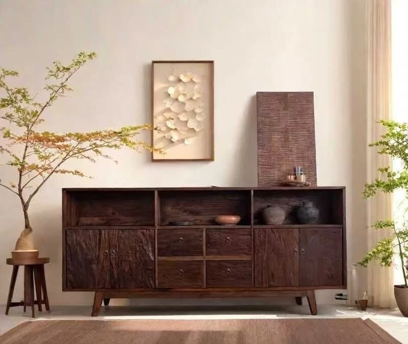 古いニレ、サイドキャビネット、侘び、複数の引き出し、収納、収納、壁際の家庭用家具