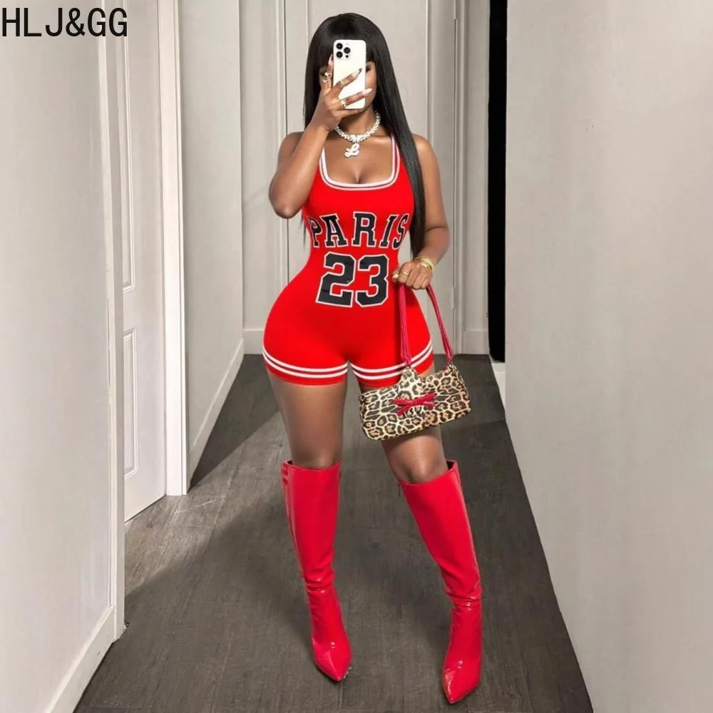 HLJ&GG Sexy Hot Girl Letter Printing Bodycon One Piece Rompers Women Tank Strap Sleeveless Slim Jumpsuits Y2K Fashion Streetwear