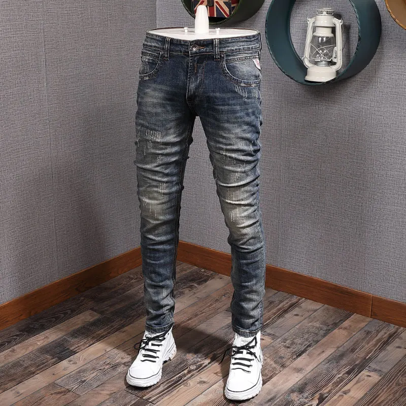 Italian Style Fashion Men Jeans High Quality Retro Washed Blue Elastic Slim Fit Ripped Jeans Men Vintage Designer Denim Pants