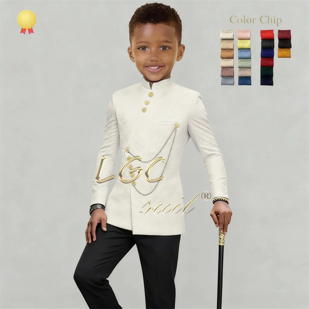 

Boys 2 Piece Jacquard Jacket & Black Pants Suit Mandarin Collar Design Gentleman Formal Attire for Grand Occasions