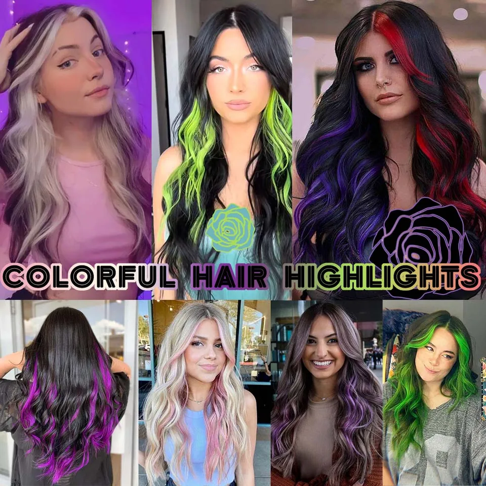 Set de 5 piezas de extensiones de cabello con clip de 18 pulgadas, rizadas, sintéticas, con mechones de colores para mujer 5