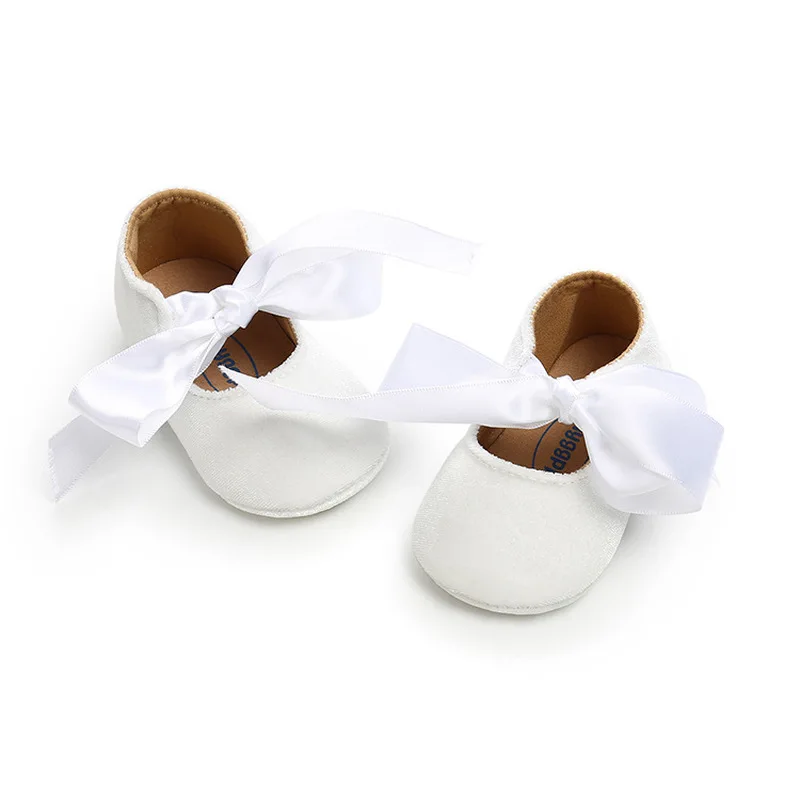 Newborn Baby Girls Shoes First Walker PU Princess Bowknot Ribbon Dress Shoes Anti-slip Rubber Sole Toddler Crib Shoe Moccasins