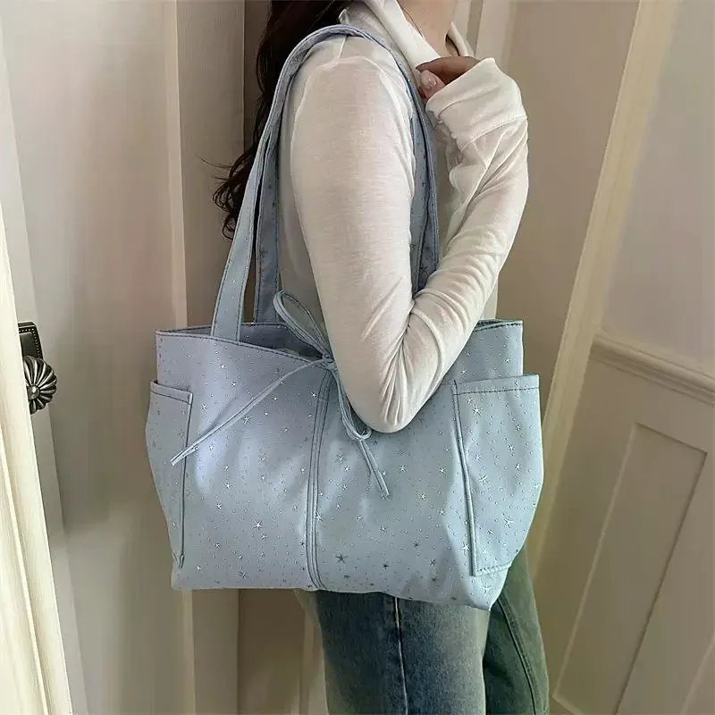 Light Blue Tote Bag With Glitter Star Pattern Bow Decor Multi Pockets For School Shopping Daily Outings Travel