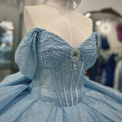 Pretty Sky Blue Quinceanera Dress Sexy Bow Lace-Up Off Shoulder Corset Sweet 16 Vestidos De 15 Años Girls robes de soirée