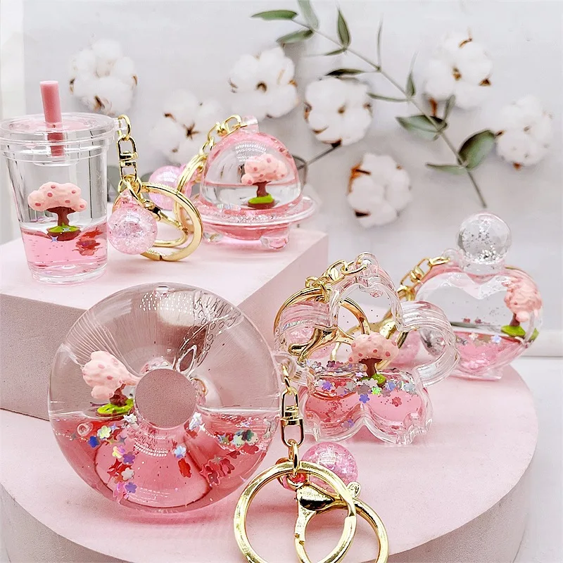 Oil flowing sand bottle acrylic liquid cartoon girl heart cherry blossom diary cherry blossom tree keychain pendant chain