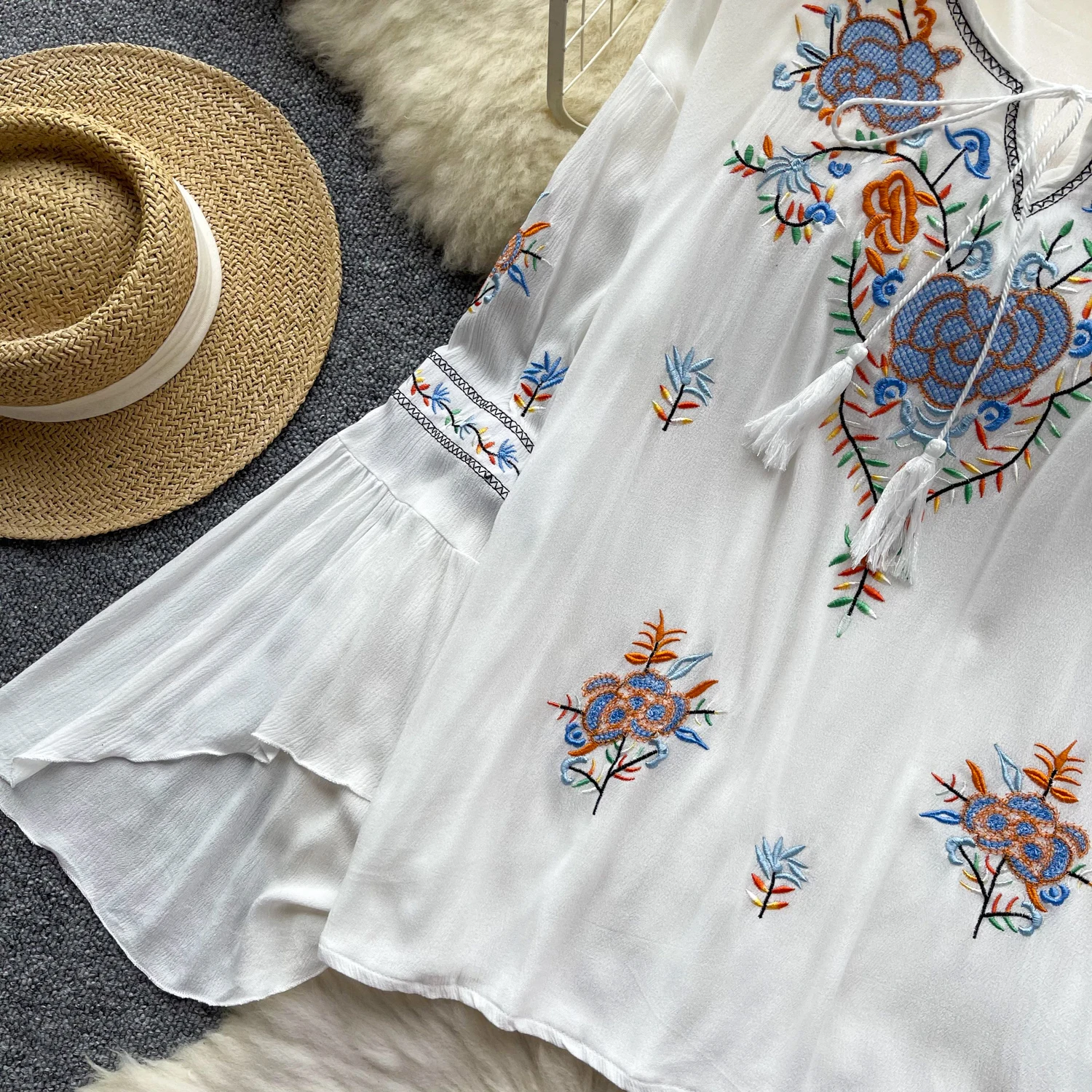 Vintage Elegant Embroidery loose lantern sleeve Blouse Fashion Shirt  Casual Chic Top Fairy  Summer tassels Women