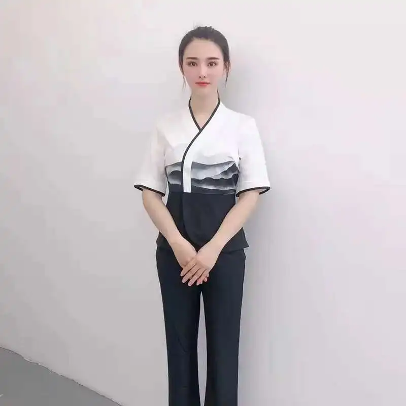 ビューティーサロンエステティシエンヌスパマッサージ服フットセラピスト作業ガウン女性用ブルー美容師制服スーツ-Be