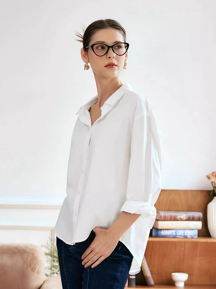 OLrain Women's White Long Sleeve Shirt 2025 Autumn New Arrival Loose-fit Turn-down Collar Dropped Shoulders Shirt O57QC83600