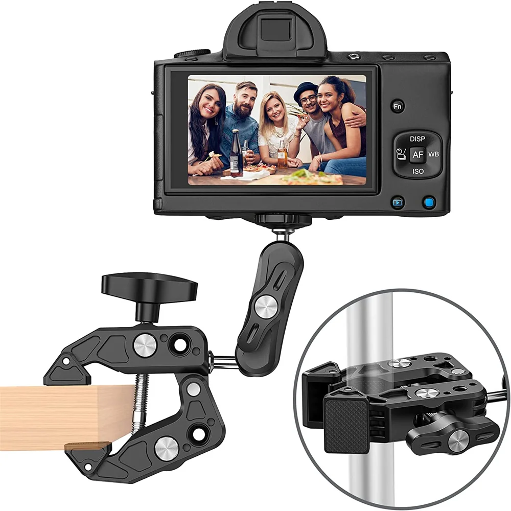 Super abrazadera de Metal con cabeza de bola 360, abrazadera de brazo mágico con puerto de 1/4 "y 3/8" para Gopro DSLR, Monitor de cámara, varillas de micrófono de luz LED