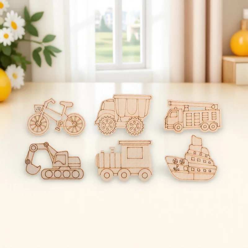 

50pcs Wooden Slice Ornaments Unfinished Vehicle Shaped Wood Cutouts Diy Craft Kits For Kids Painting Decorative Home Party