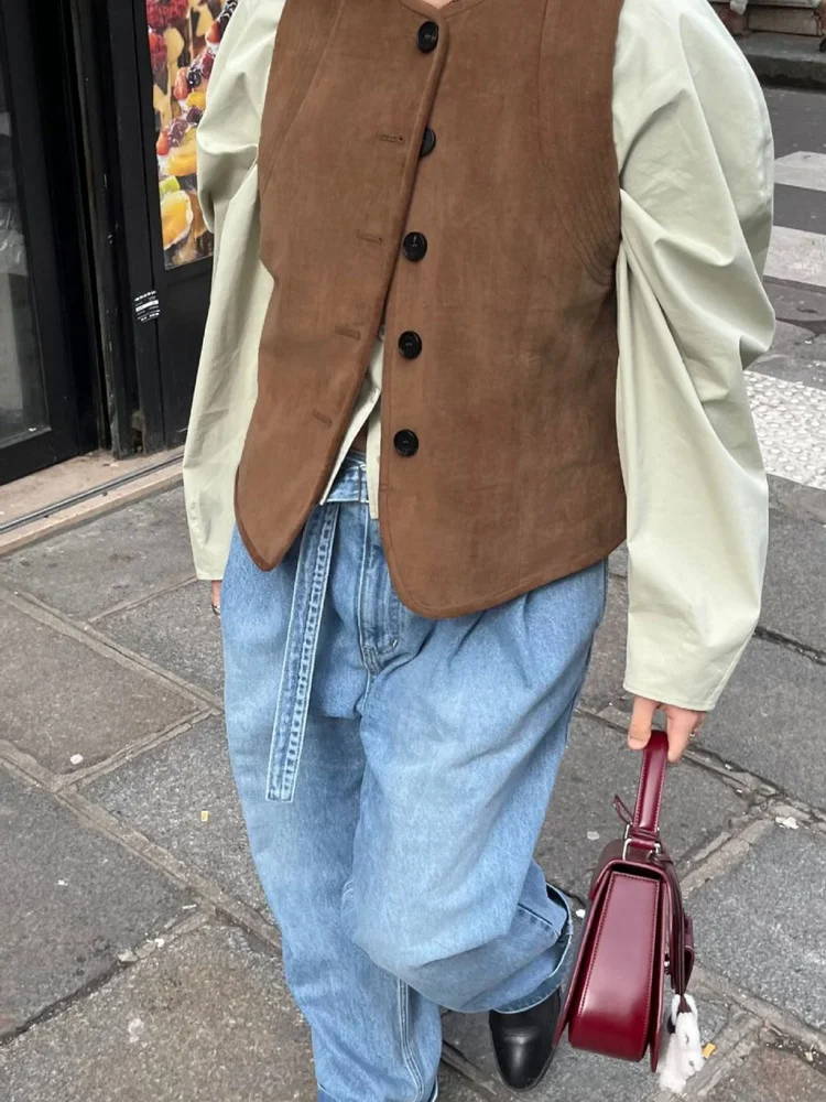 

Women's Suede Vest Simple Retro Color Top Cotton 00% round Ne Single Button Closure Commute Sle