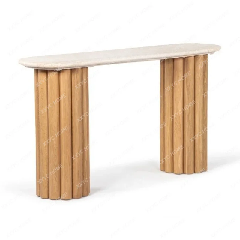 Mid Century Solid Wood Travertine Slab Entryway Table Entrance Corridor Ultra Narrow Vintage Long Console Table Wabi Sabi