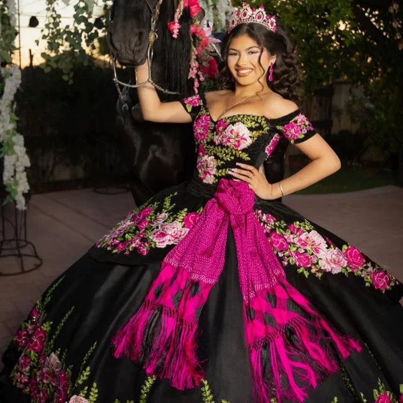 

Black Quinceanera Dress off-shoulder crystal decal Long tail 3D flower Bow vestidos de 15 Quinceanera ﻿Customize