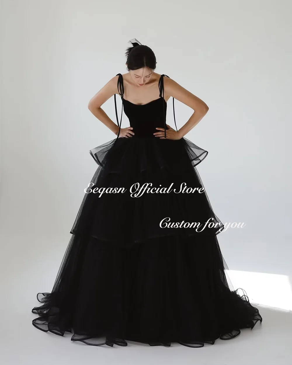Princess Black Tulle Evening Dresses Korea Wedding Gown Spaghetti Straps Floor Length Layered Tulle Prom Dress Customized
