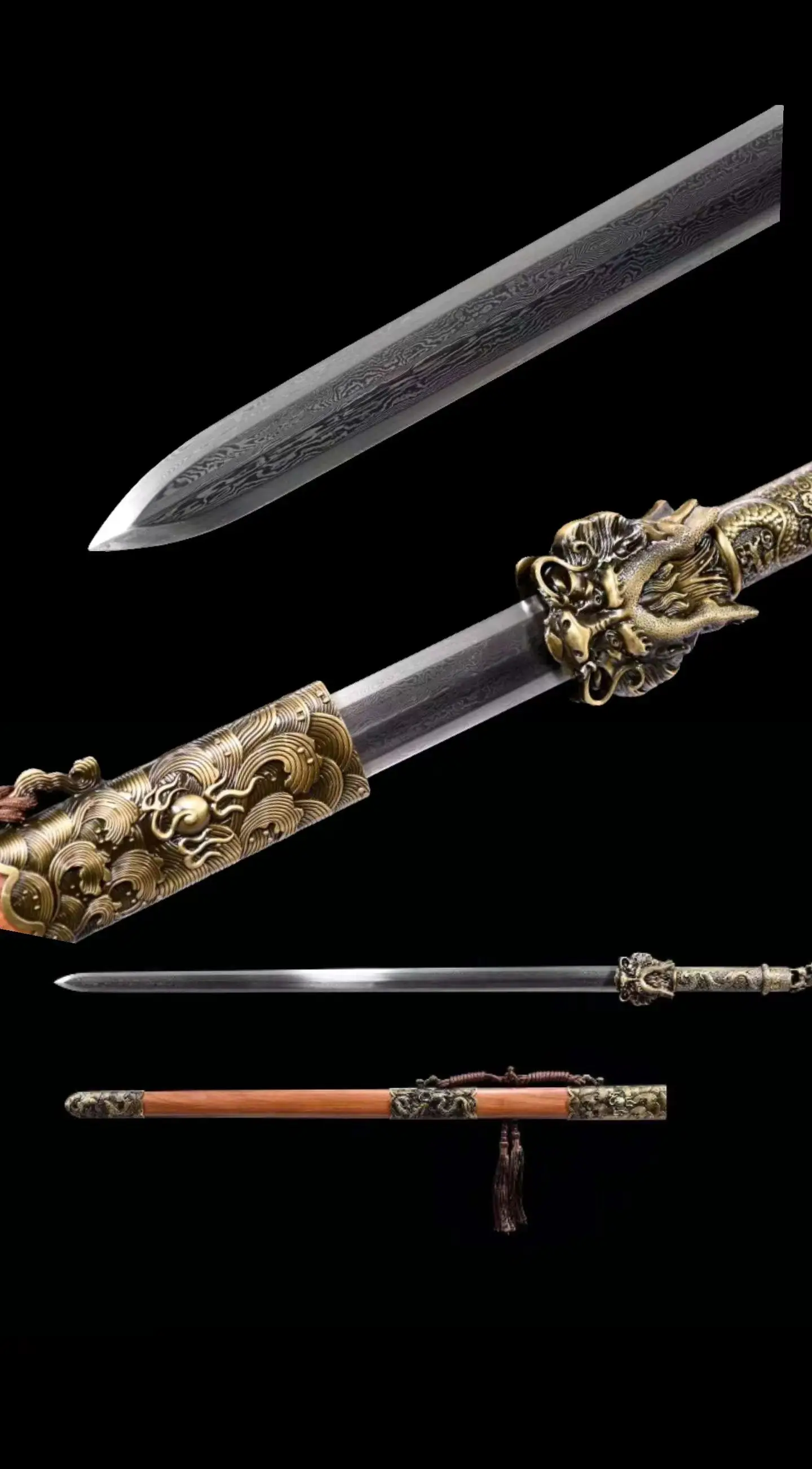 

Handmade Kungfu Wushu Battle King Dragon Sword, Real Multi-Refined Damascus Pattern Steel Blade, Rosewood Sheath, Unsharp