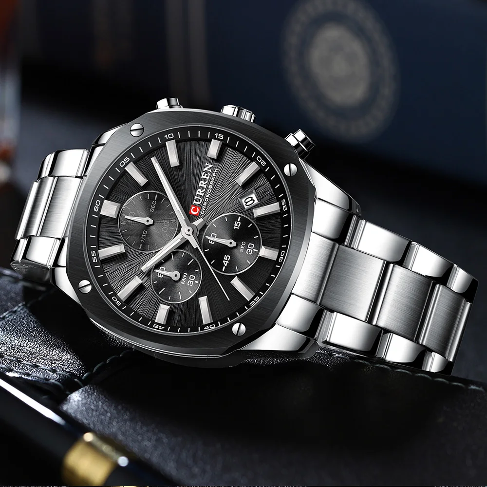 CURREN Reloj cronógrafo informal de negocios para hombre, banda de acero inoxidable con esfera negra, manecillas luminosas, movimiento de cuarzo